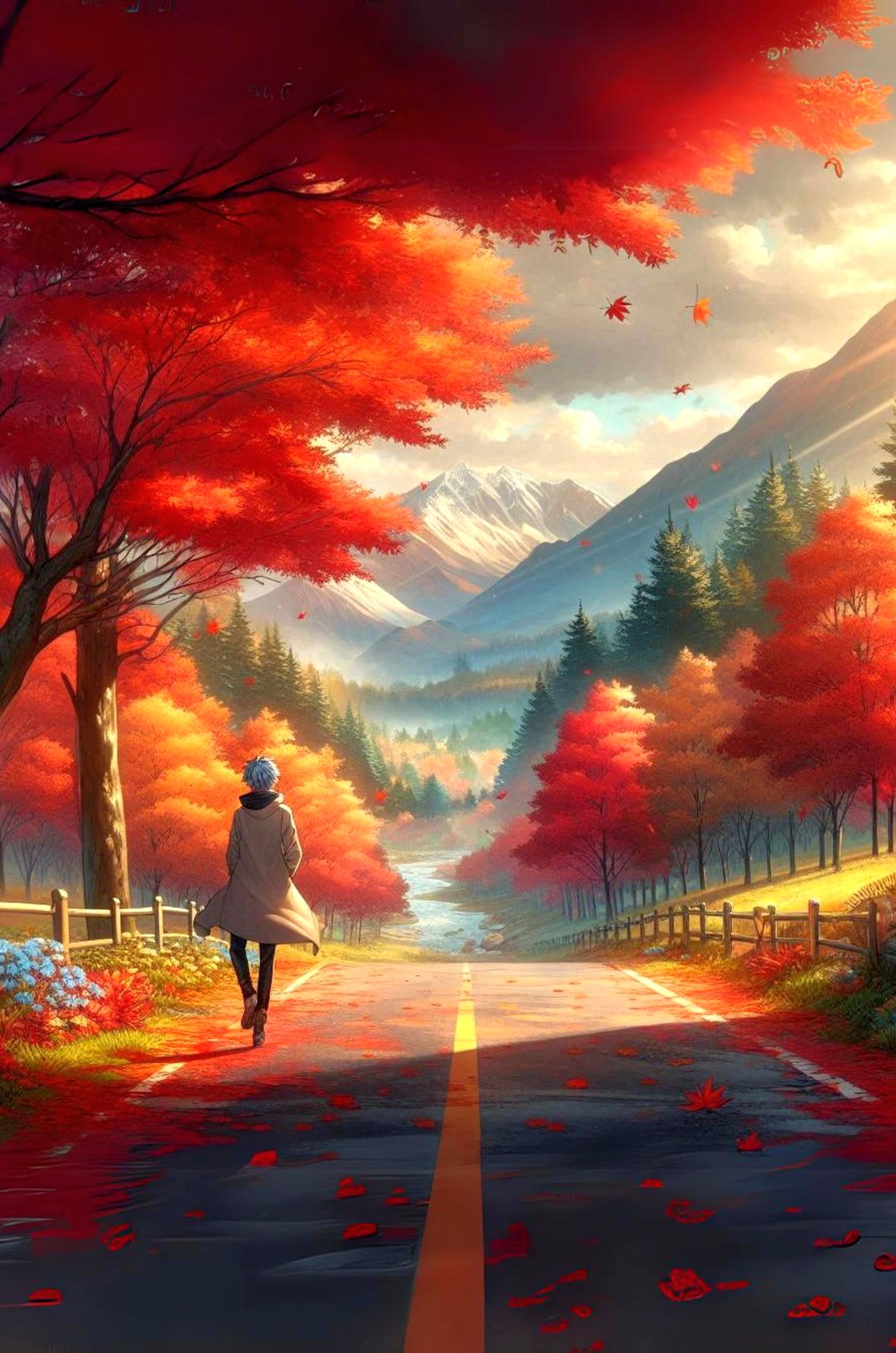 Realistic anime autumn landscape of a man with blue hair walking down the road