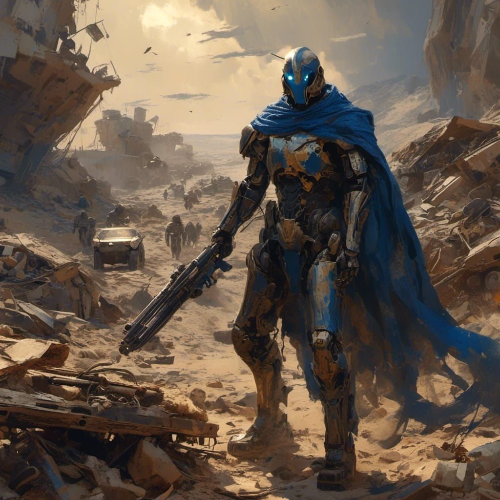 An ominous and threatening scrapper going through a junk pile, they have leather armor and a blue cape, the setting sun casts long shadows...
