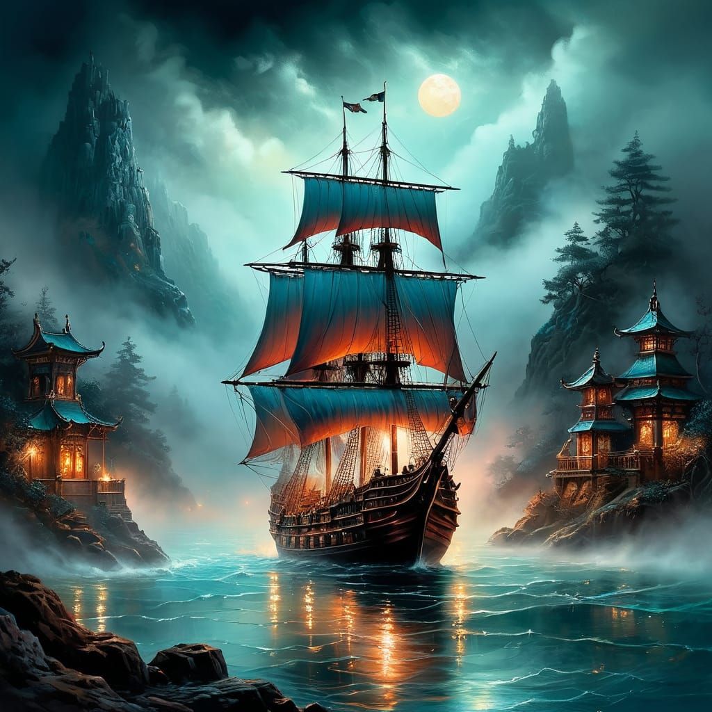 Ancient warship made of translucent white smoke on a canvas