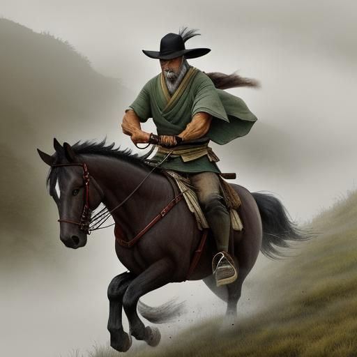 Kyushu Tribesman on Horseback in Misty Landscape