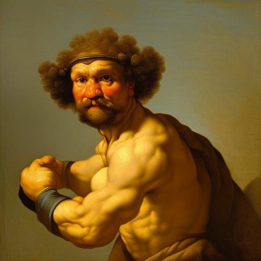 Self-Portrait of Rembrandt Van Rijn as a weightlifter, paint...