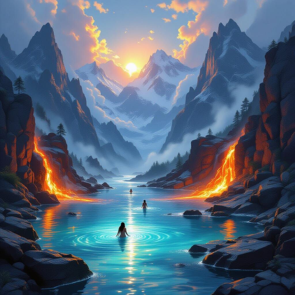 Mystical Lava Spring Among Unreachable Peaks