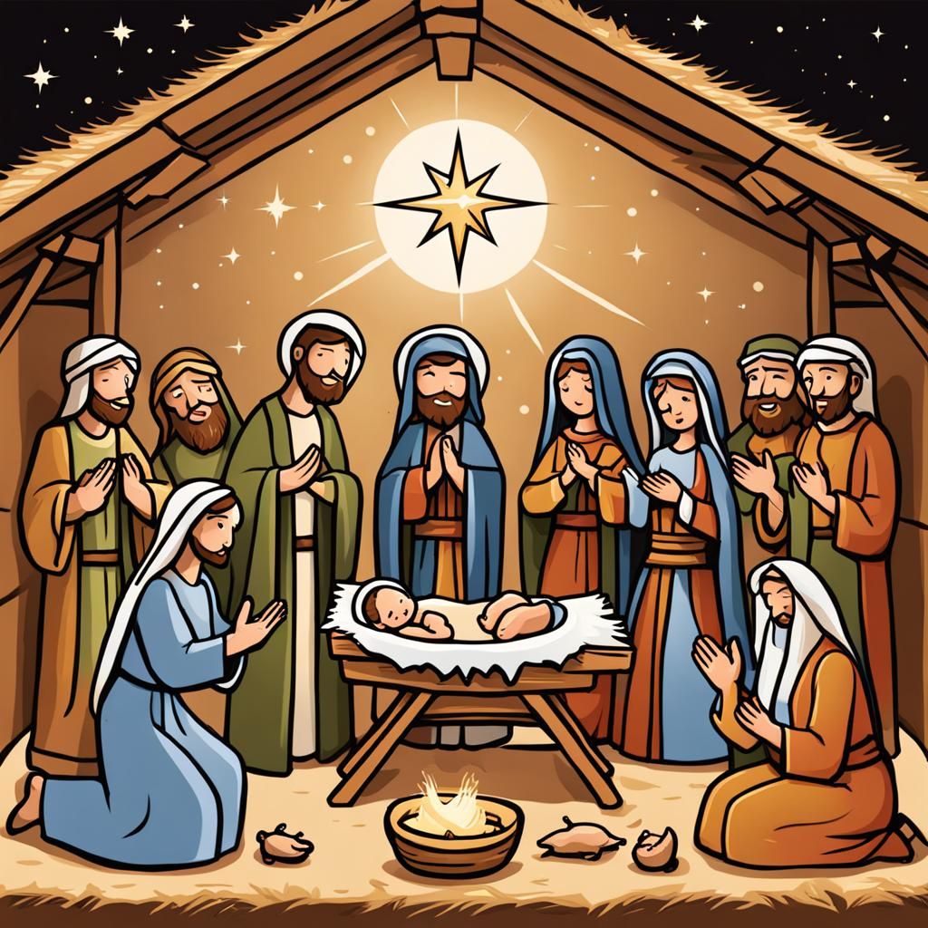 Medium Long shot cartoon: Nativity manger scene; reverent joyful; one ...