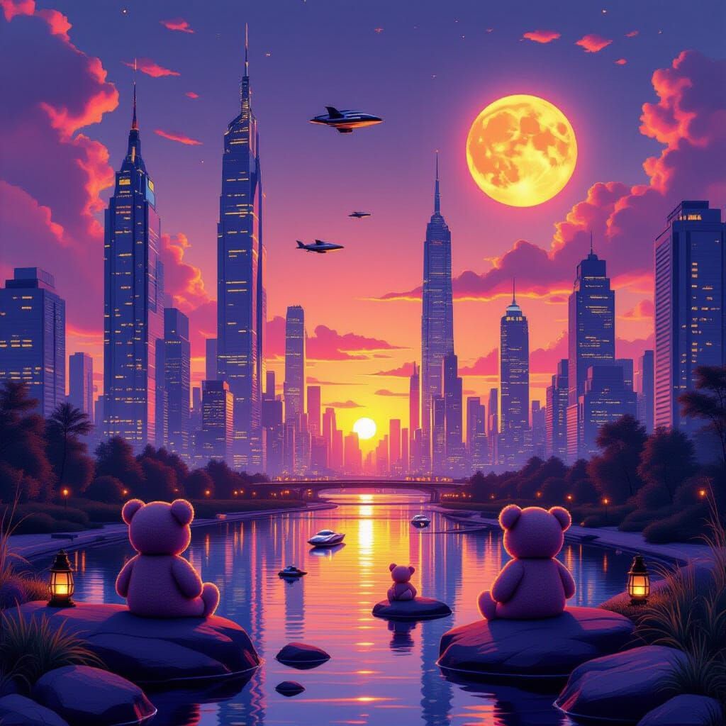 Futuristic Cityscape with Surreal Teddy Bears at Sunset