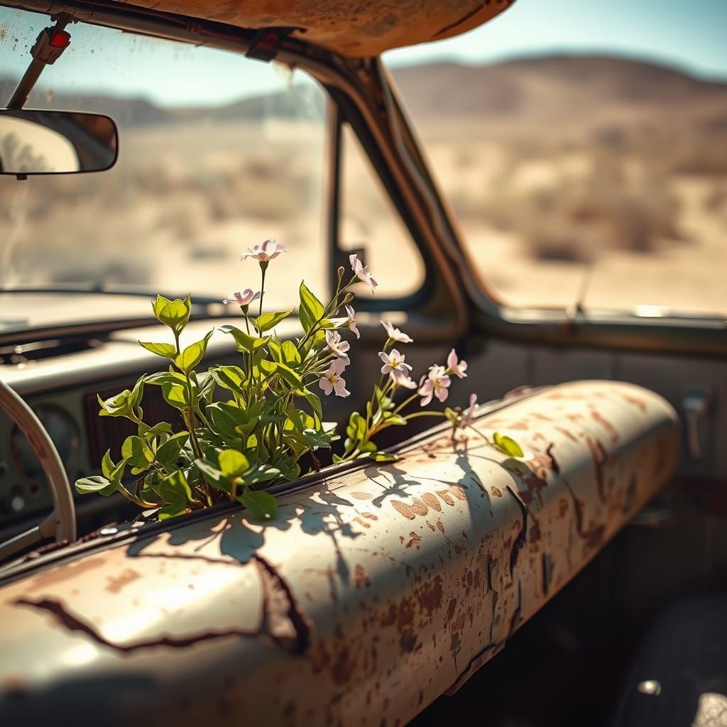 Vibrant greens plant with light pink flowers sprout from the cracked dashboard of a vintage car abandoned ...  by @Minahal 