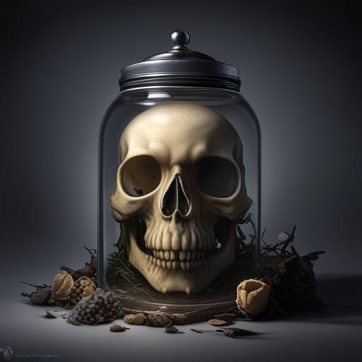 ((Skull))) inside a ((big glass jar))) fantasy with (botanic...