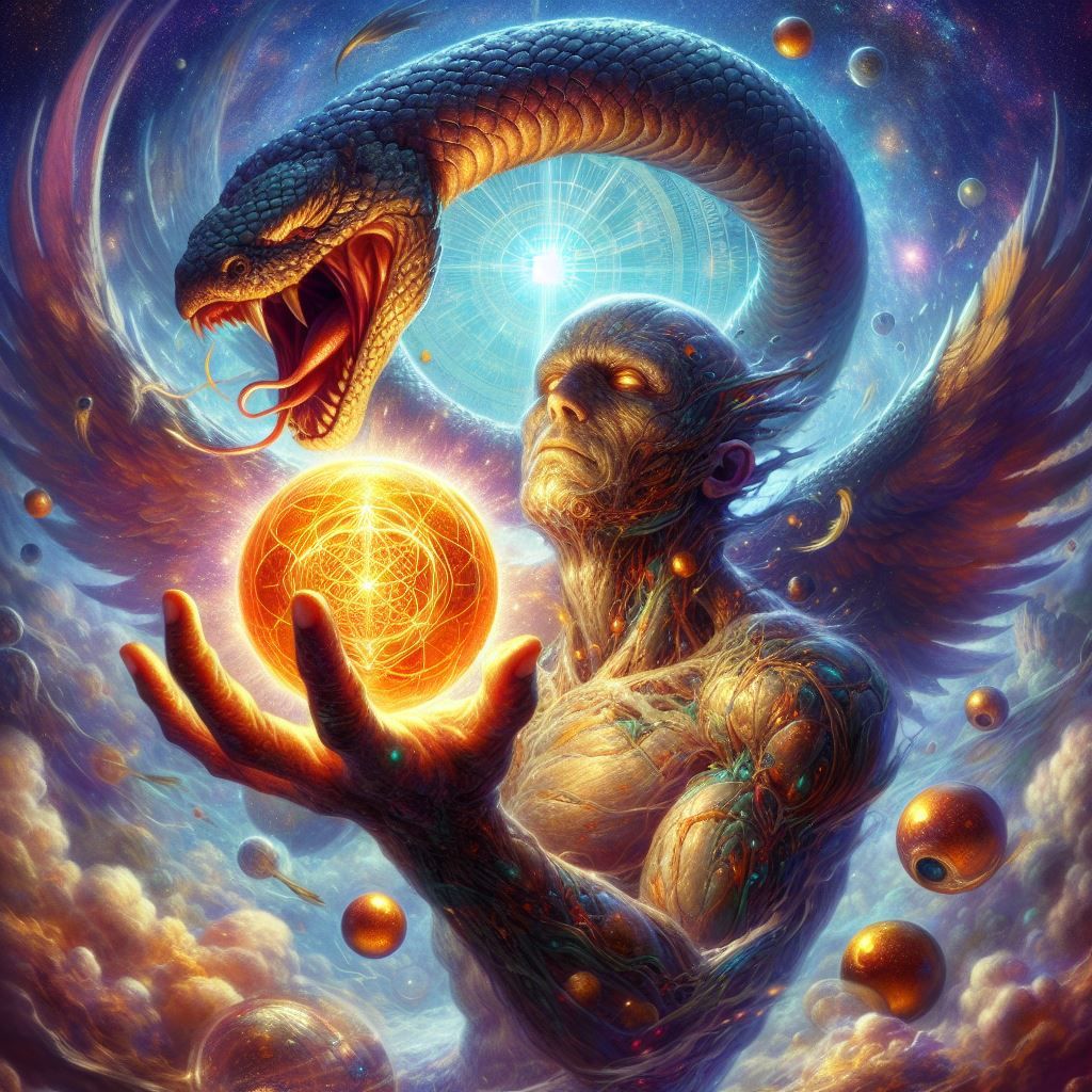 Homunculus Holding the Philosopher's Stone with Ouroboros Creatures
