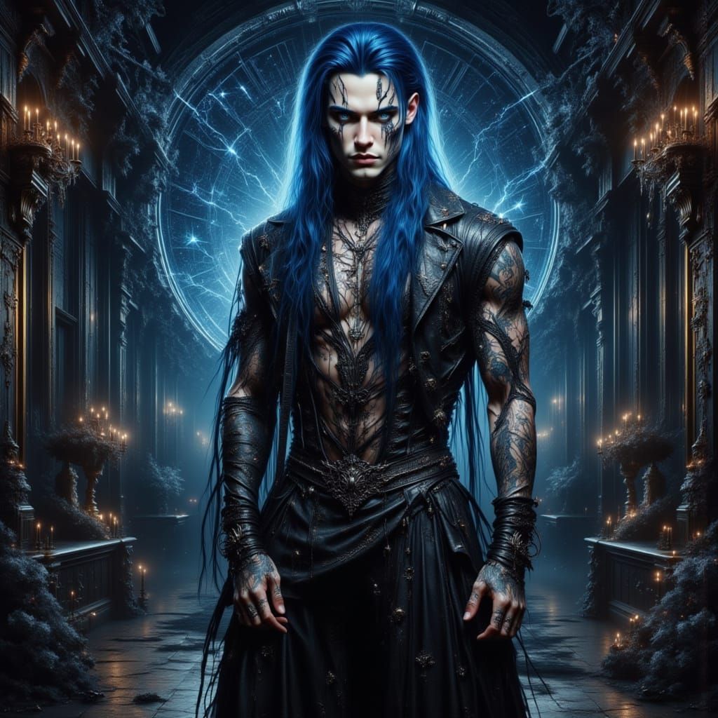 <lora:-Omnious-:1.0> <lora:Outfit Intensity:1.0> Intricate painting of a blue haired man in a leather decorated goth dress, folded leather a...
