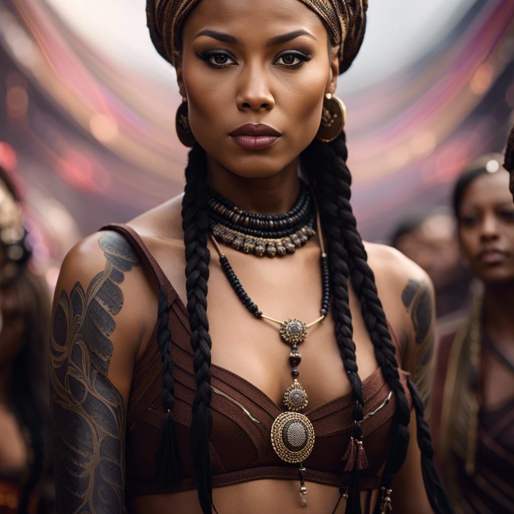 Portrait of a beautiful and confident native American girl with uncovered shoulders and tattooed chest.