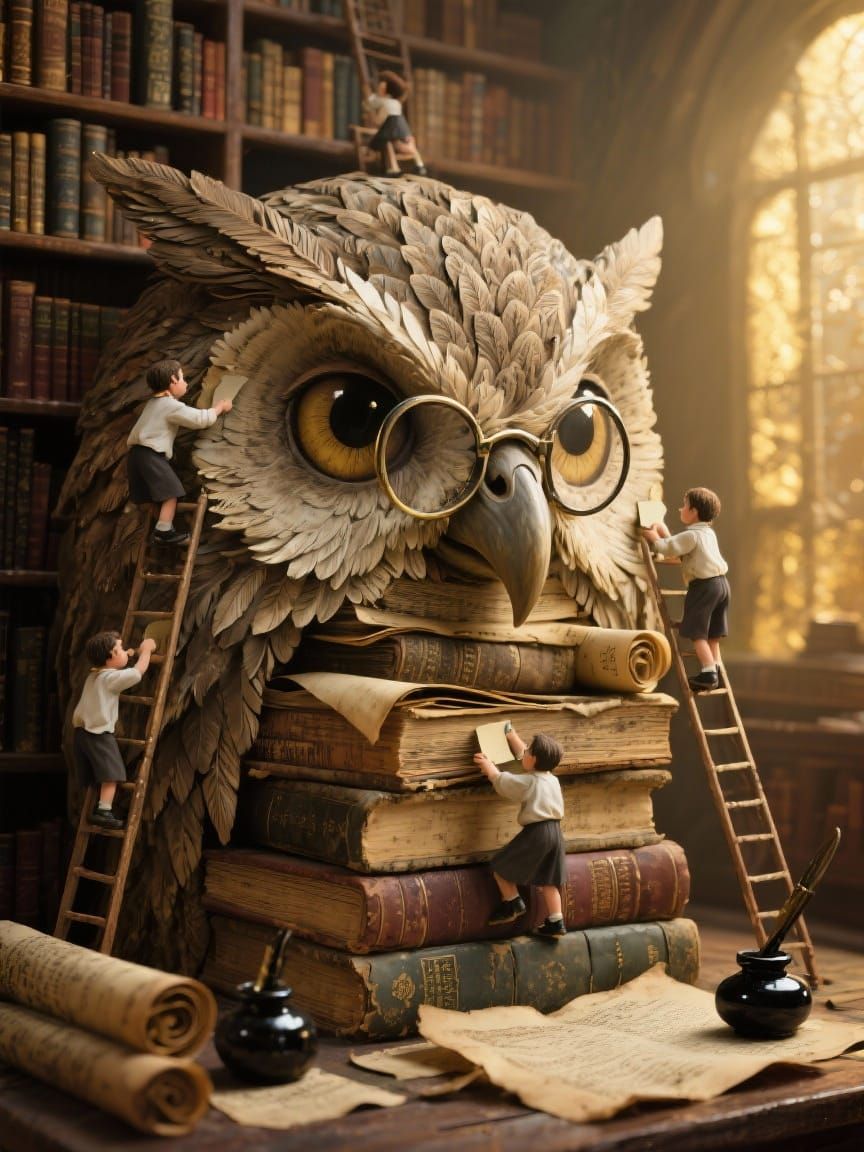 An owl’s face sculpted entirely from ancient books and weathered scrolls, spines forming feathers, pages curling into eyes. Tiny scholars in...
