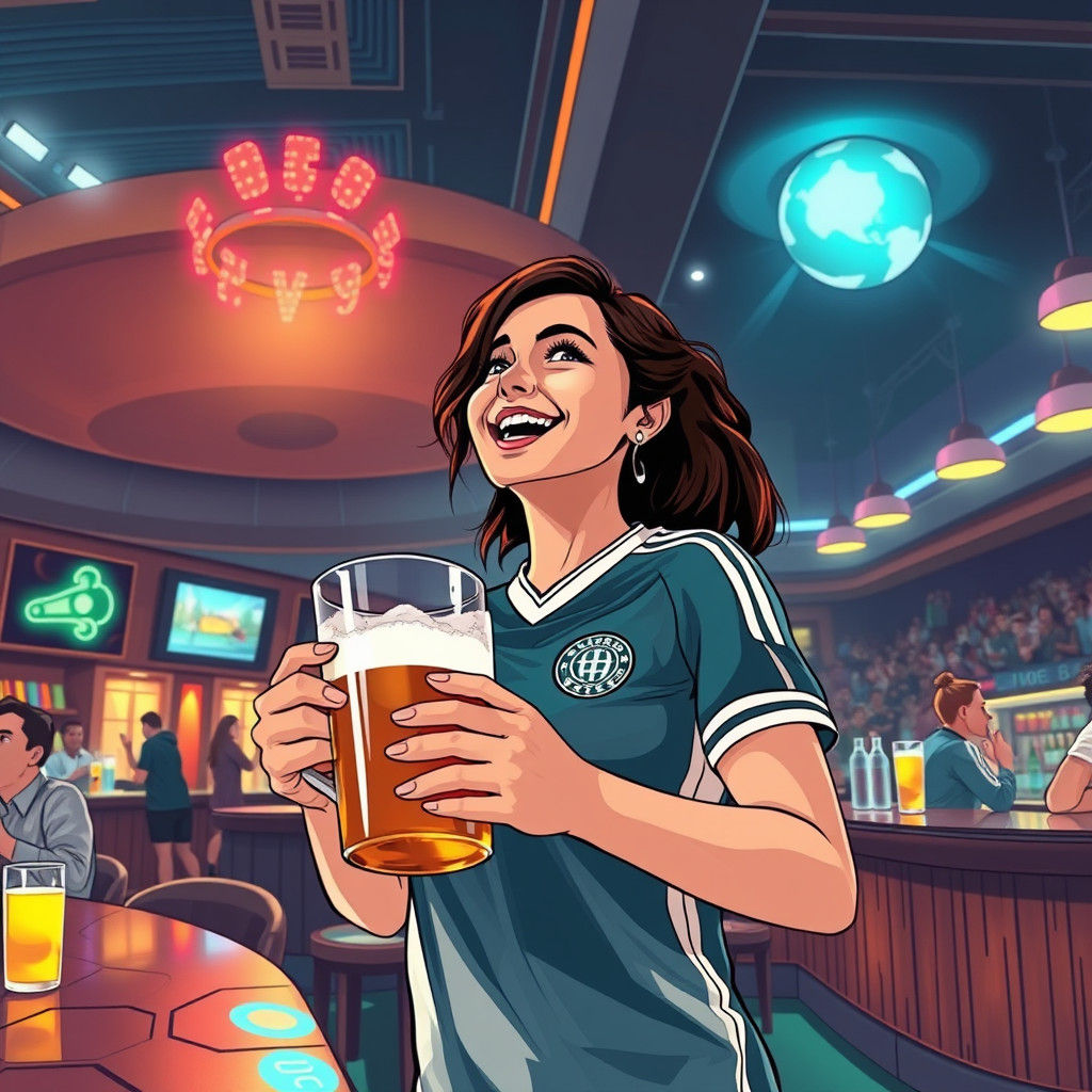 Soccer Fan Cheers in Futuristic Sports Bar