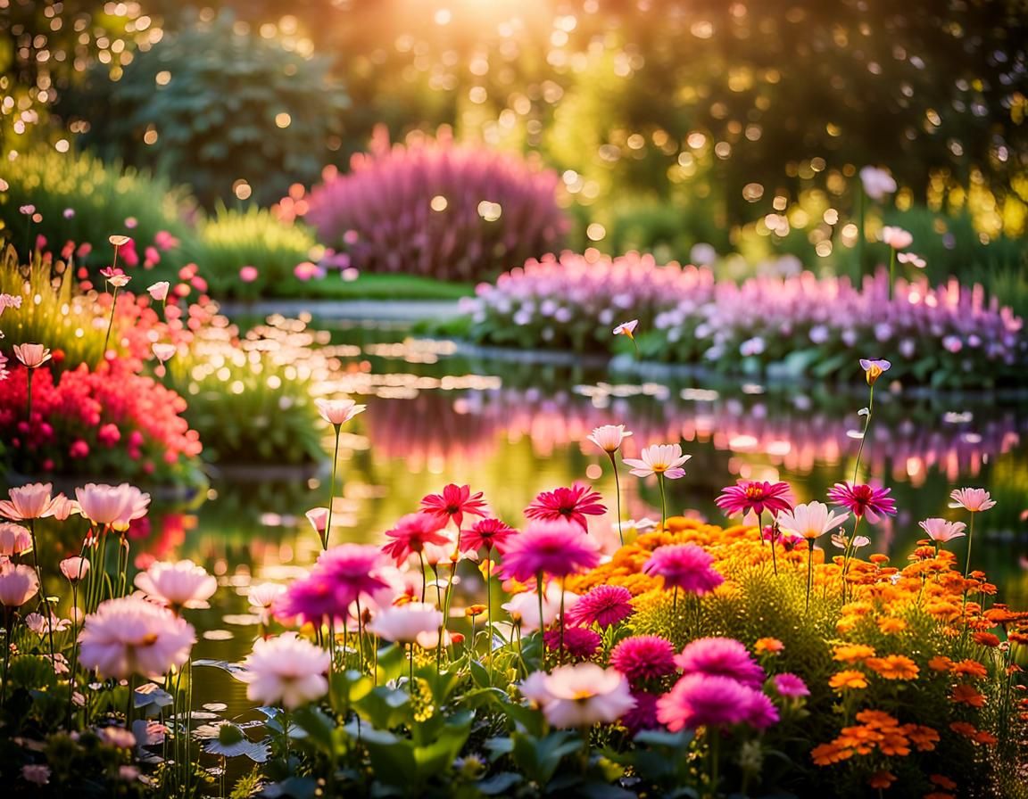 Stunning garden with beautiful flowers, crystal pond, Professional photography, bokeh, natural lighting, canon lens, sho...