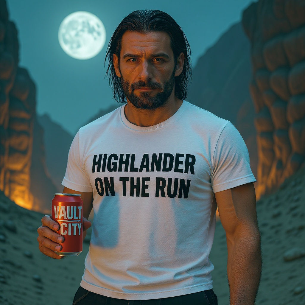 Person <lora:My face:1.1> Bounty hunter dressed as a tomb raider, rugged gear, facing the camera, moonlit alien landscape, surreal and uncan...