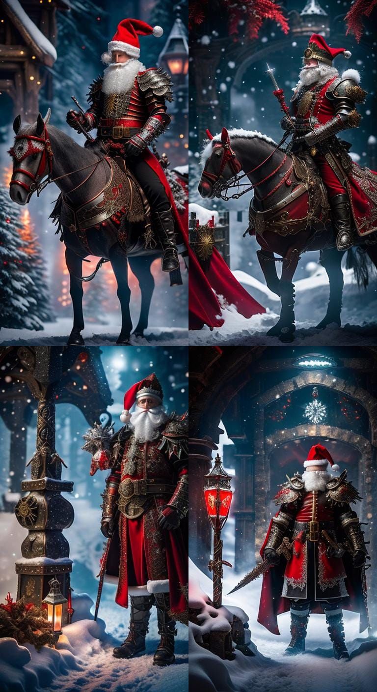 Santa Clause in medieval armor adorned with filigree  with a...