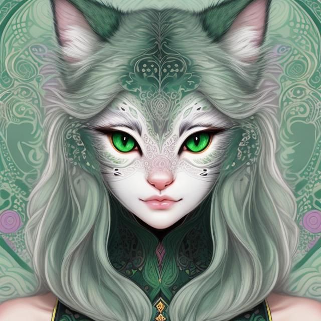 felinoid green-haired princess with fractal facial patterns - AI ...