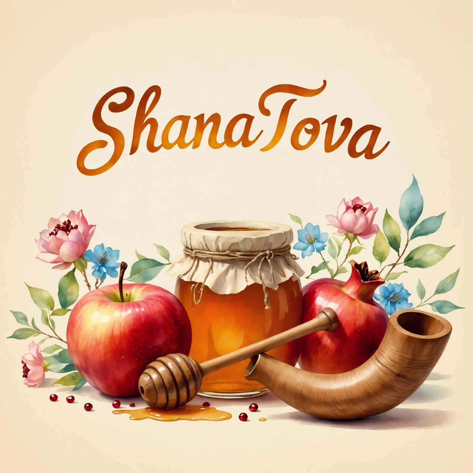 Shana Tova Illustration with Apple, Pomegranate and Honey