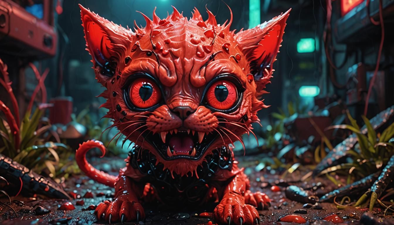 Plastic Google Eyes on a red alien kitten