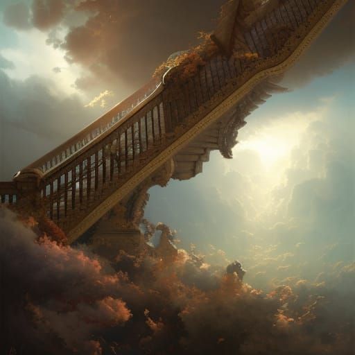 Floating staircase surrounded by clouds, Darek Zabrocki, Gil...