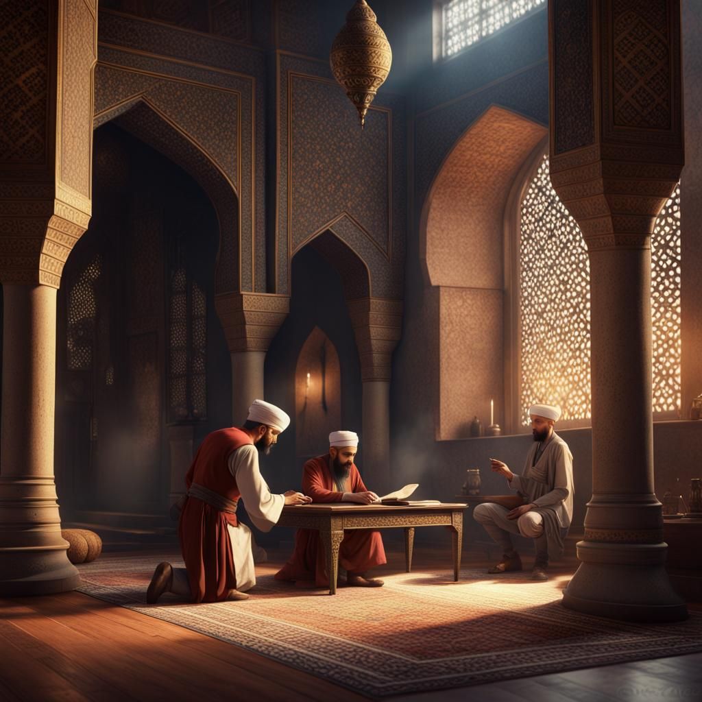 islamic scholar is teaching lesson to a young man in madrasa, 15th