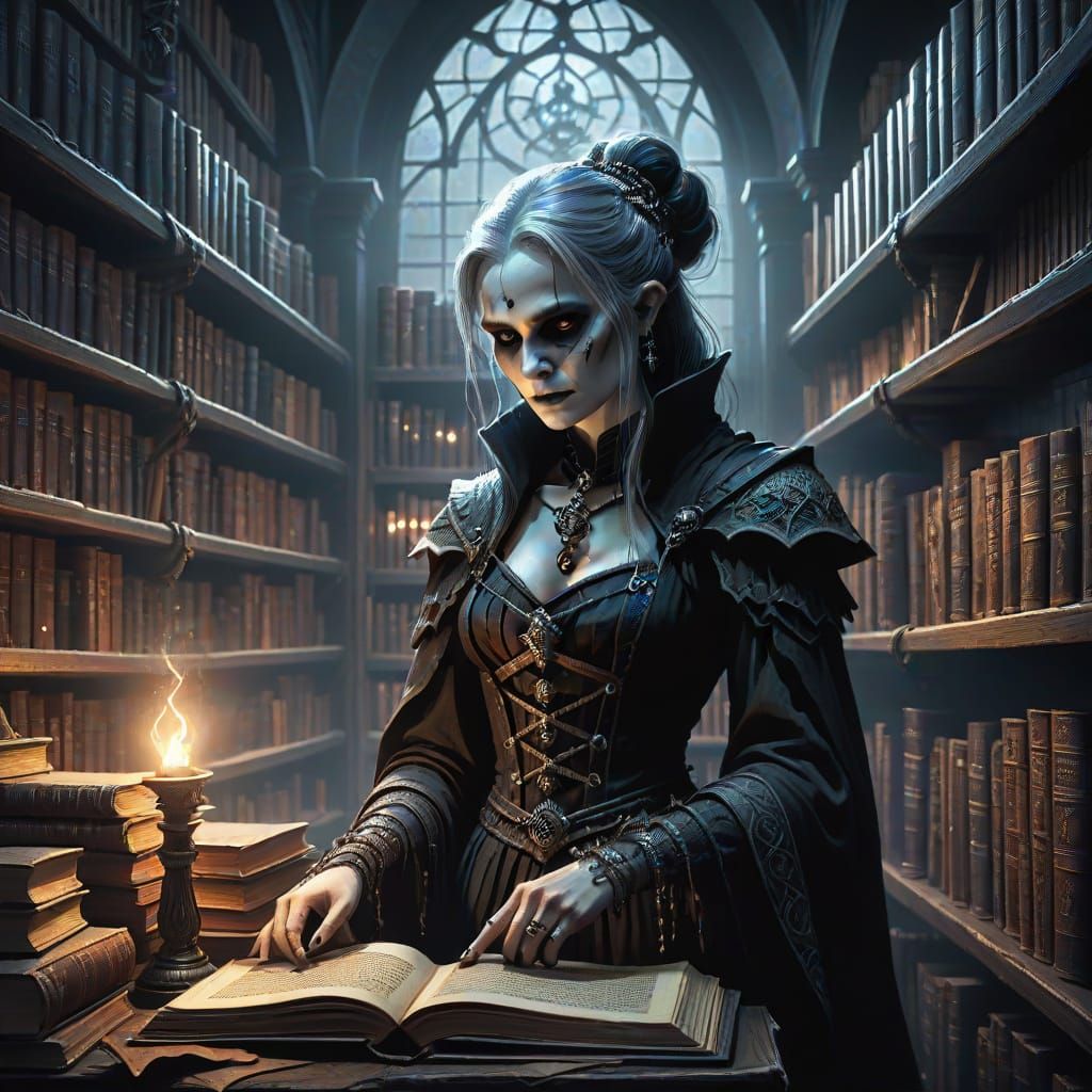 Female Necromancer in a Bookshop. 
