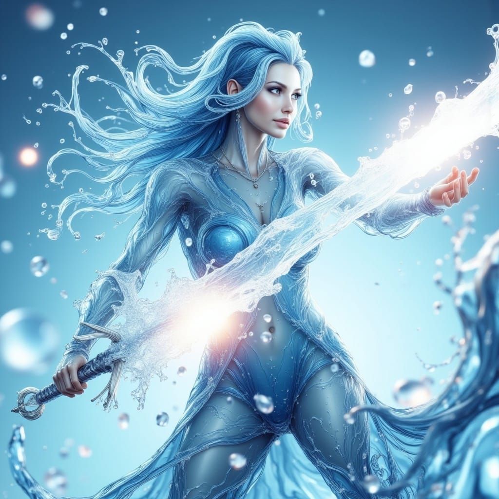 <lora:Magical Water Flux:1.0> expansive, full body shot, Extremely beautiful futuristic video-game character woman surronded for ice trails,...