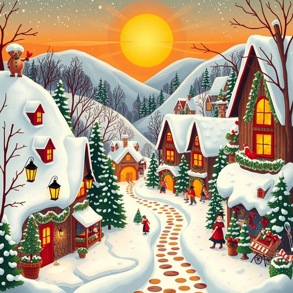 Whimsical Winter Wonderland in Folk Art Style