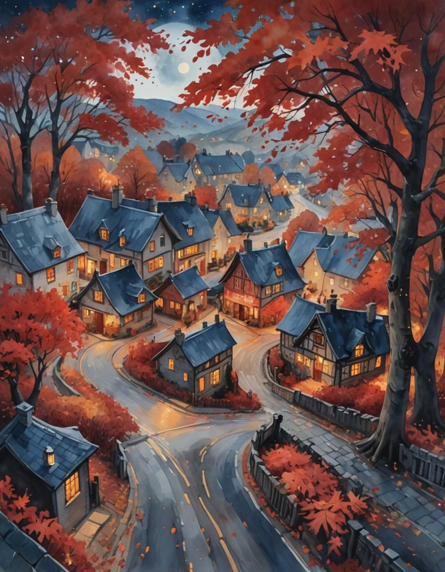 autumn night, idyllic village