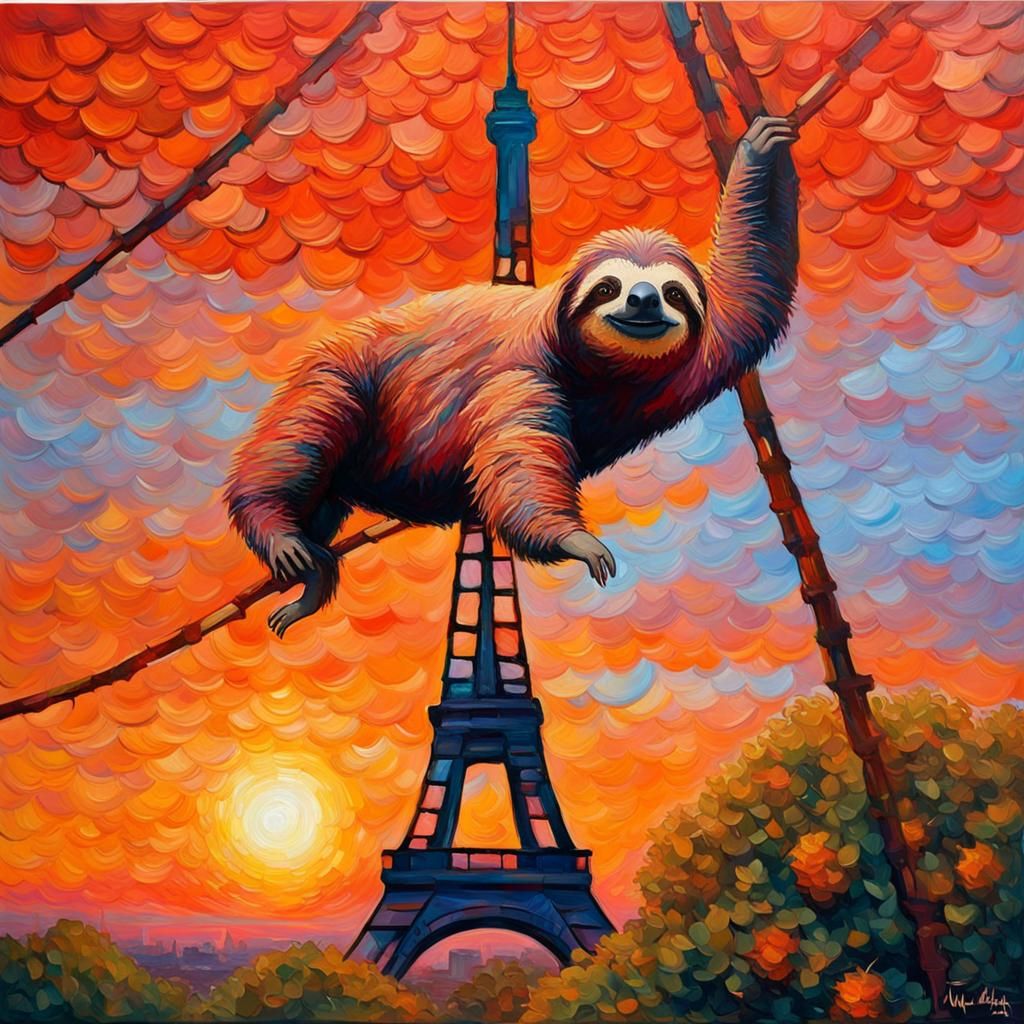 A sloth in front of the Eiffel tower