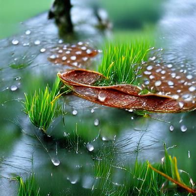 The grass is wet with dew, and the trees shake off the whole...