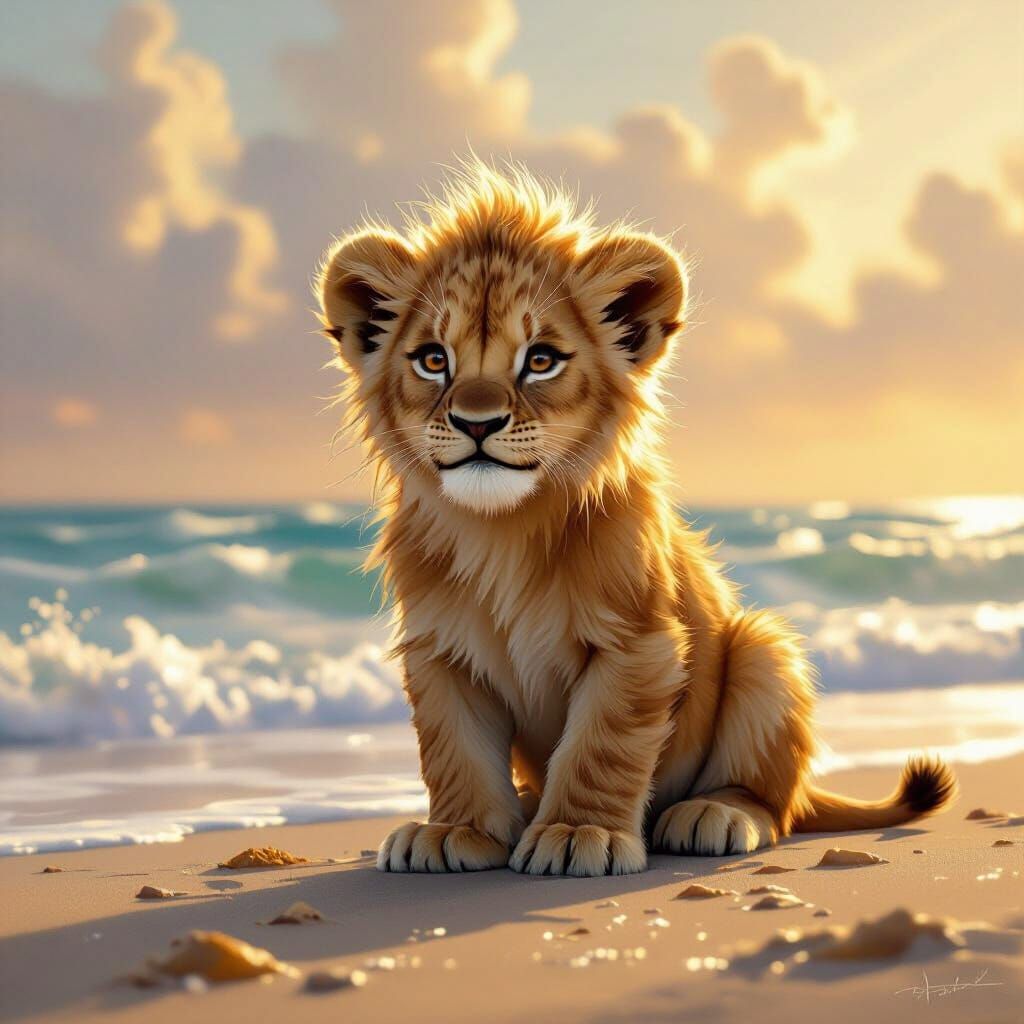 Lion Cub on Shoreline, Digital Art