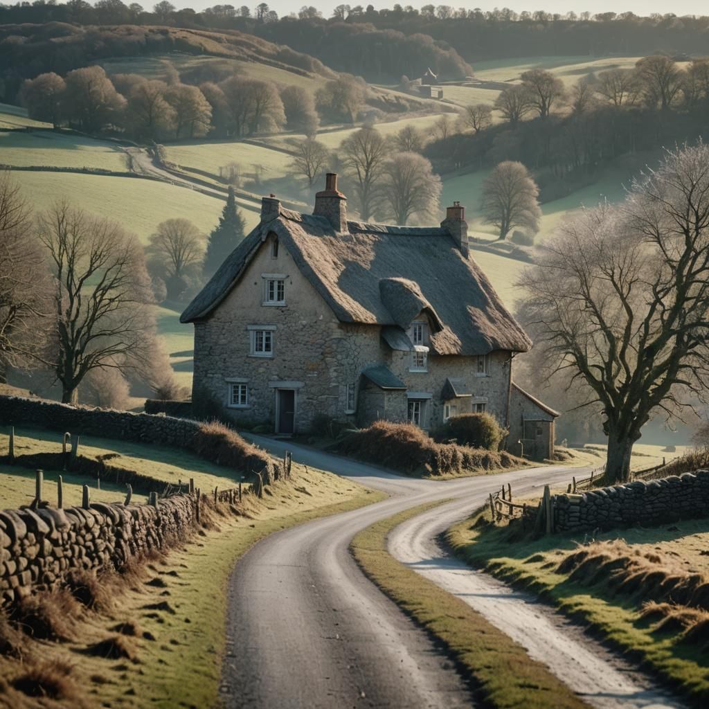 Farmhouse on Hill in Misty Golden Light