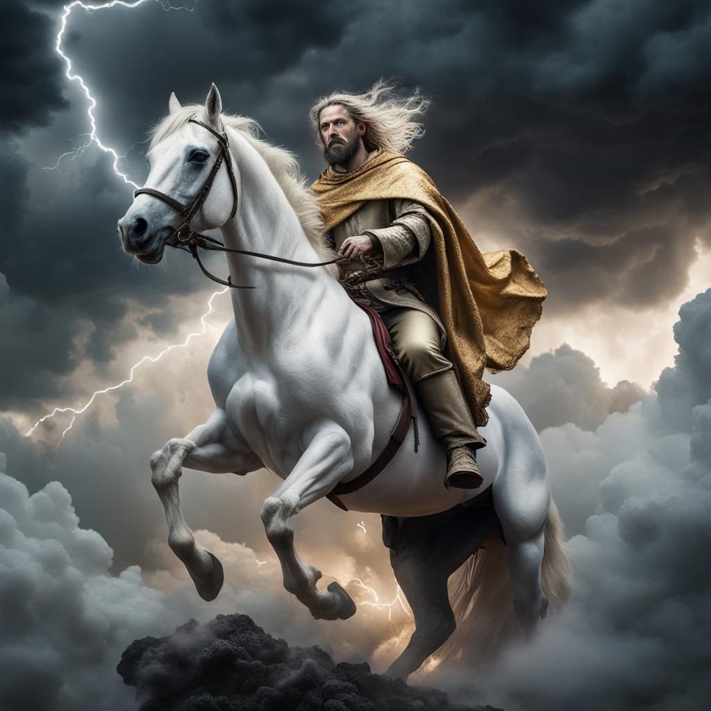 Jesus returns on a beautiful white horse in the clouds heavy metal atmosphere doom of evil reward on ...  by @XxMETALFLEURDELISxX