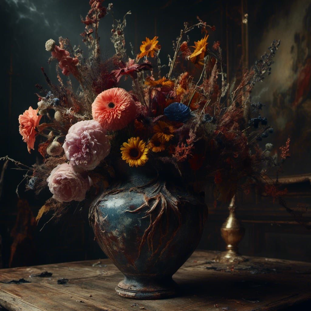 <lora:Macabre:1.0> Flower vase still life