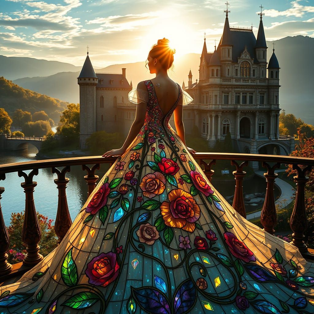 woman wearing a glass dress with stained glass roses  by @Victoria G