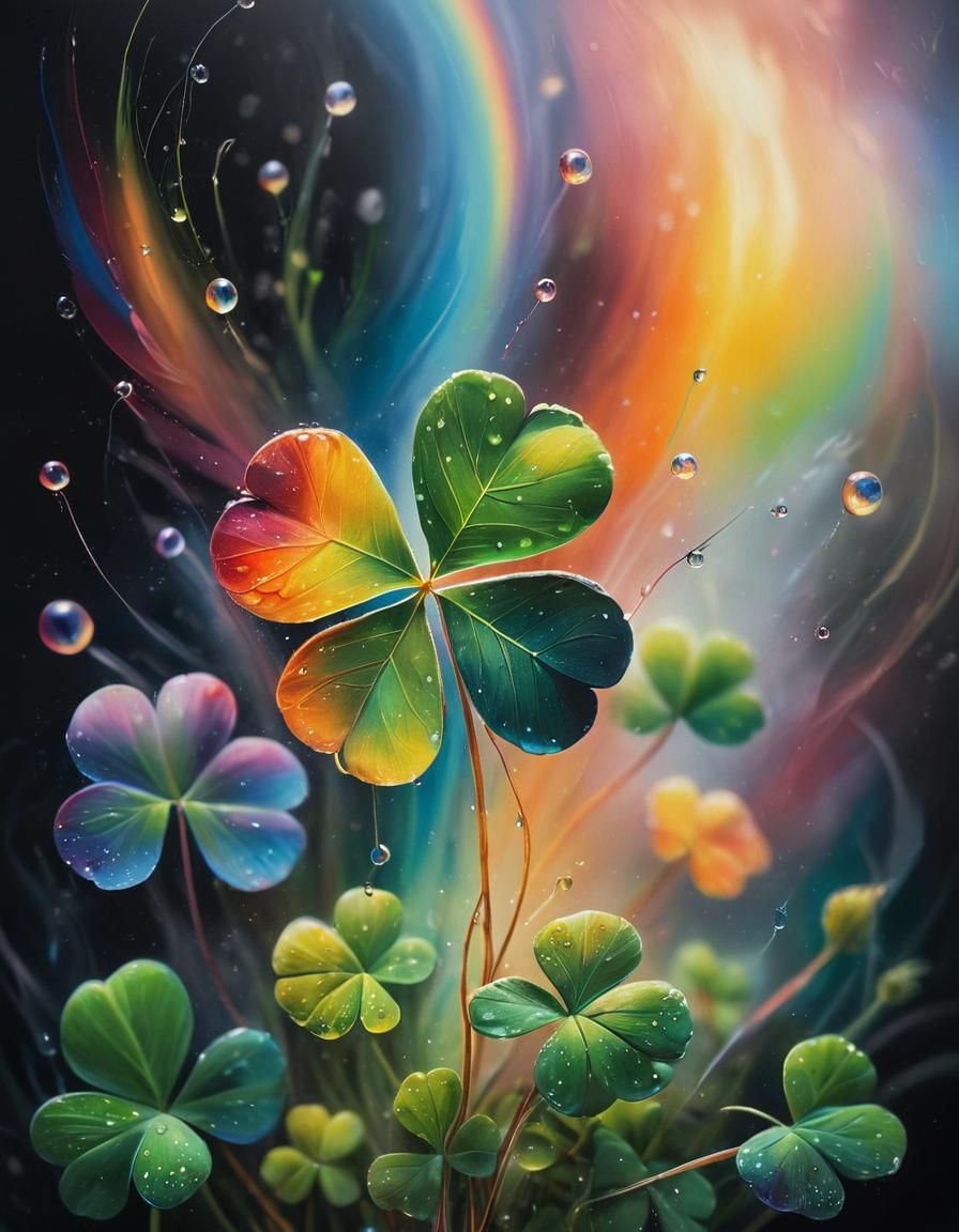 Clover, Feather, Stormy Sky: Vibrant Oil Painting