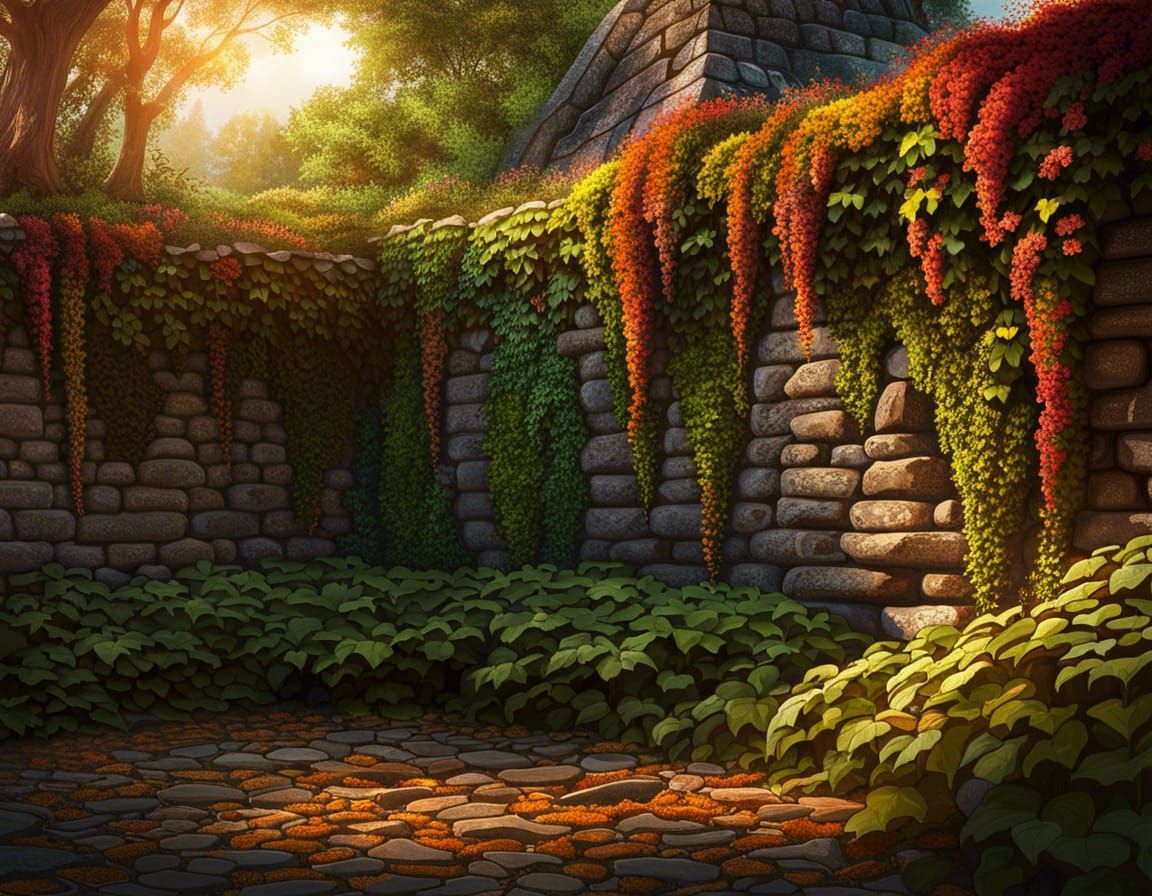 a majestic, ancient wall covered in vibrant ivy and blooming...
