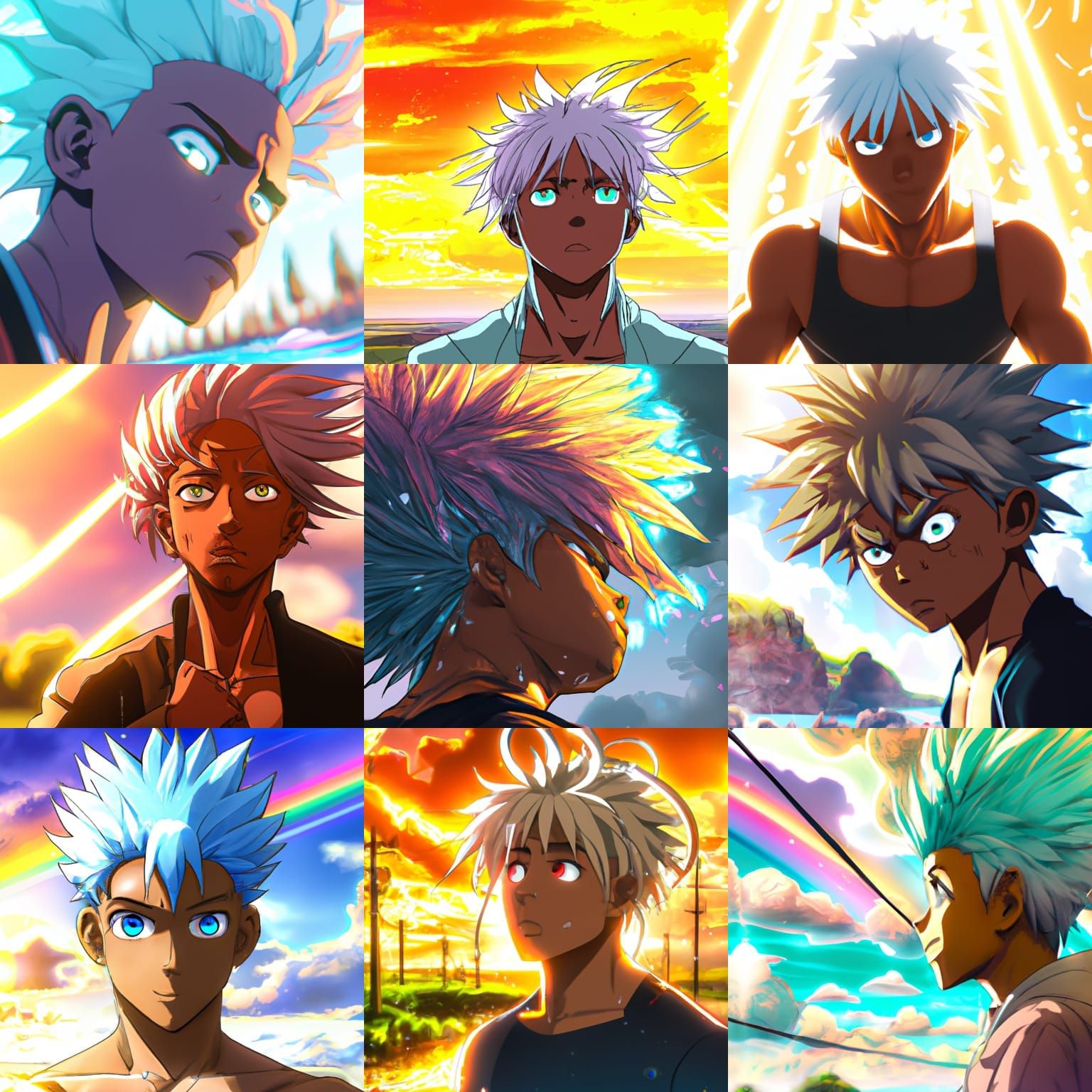 black boy, african american,glowing rainbow hair, ultra aura...