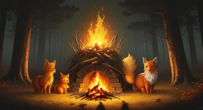 vulpix sitting around a bonfire