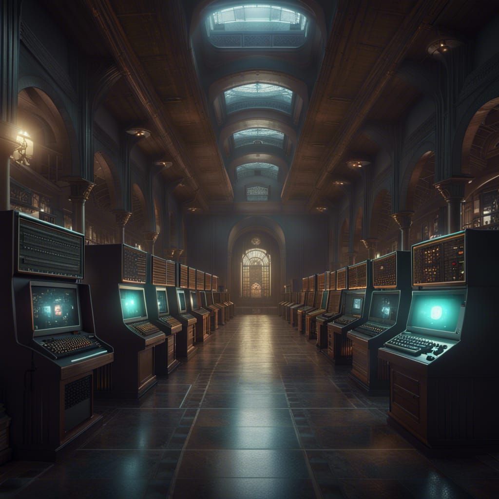 Museum of old retro computers. AI Generated Artwork NightCafe Creator