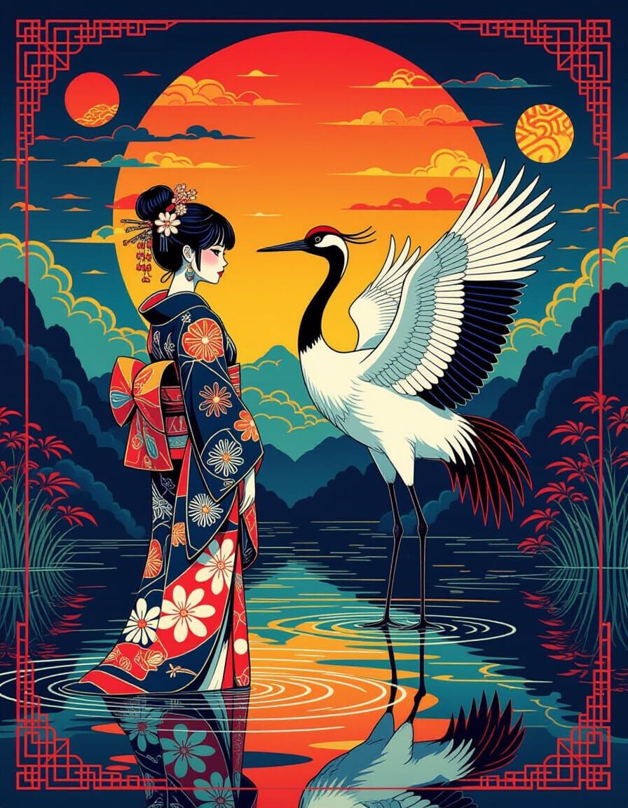 Psychedelic Japanese Crane in Deco Oriental Style