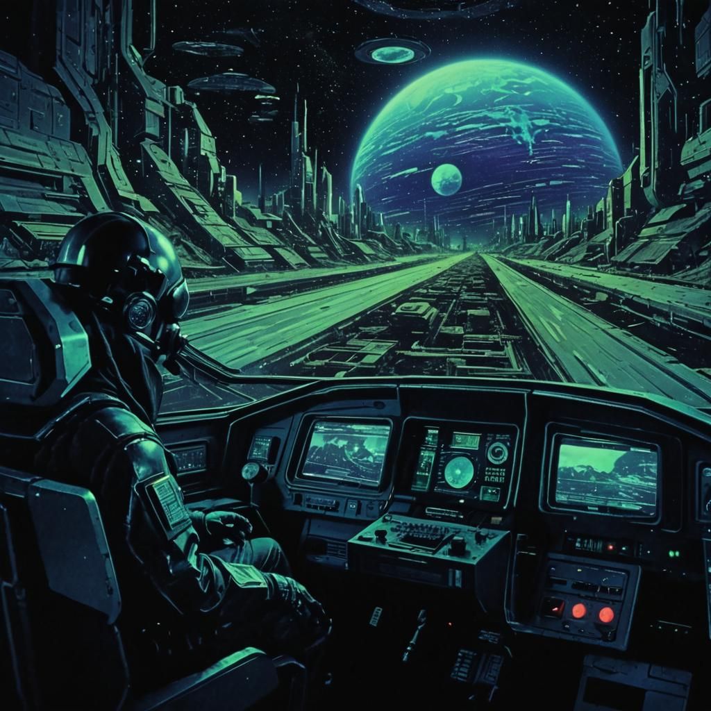 1990's style sci-fi movie scene. Grainy VHS quality, random ...
