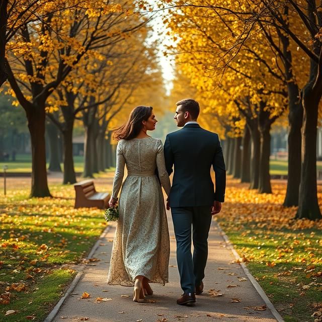 A couple walking through a park lined with golden leaves.