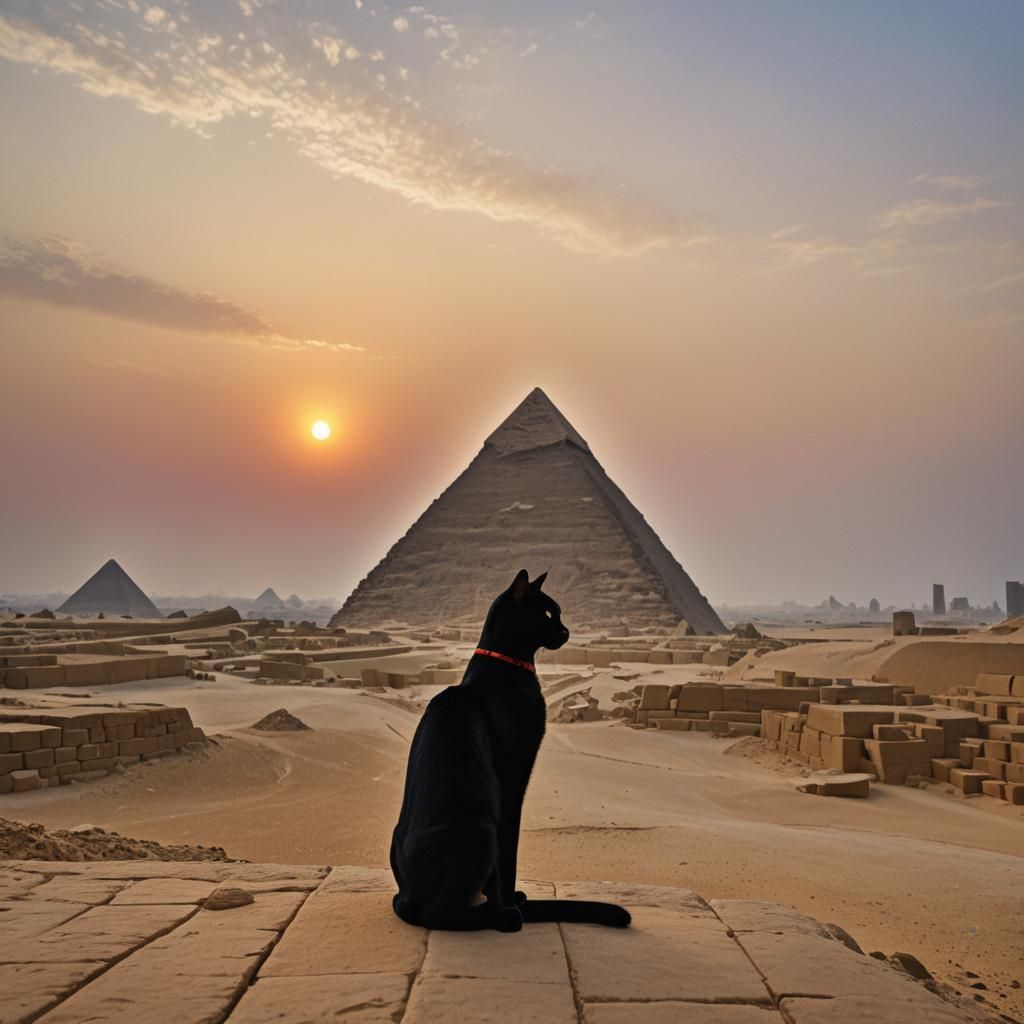 Sleek, black cat silhouetted  in outline against ONE of Egyp...