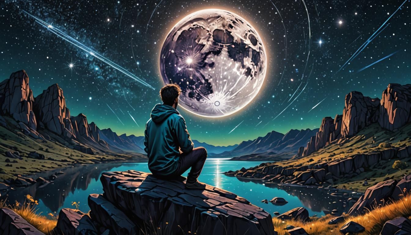 man sat on a rock, staring at the stars in the dark sky, ful...