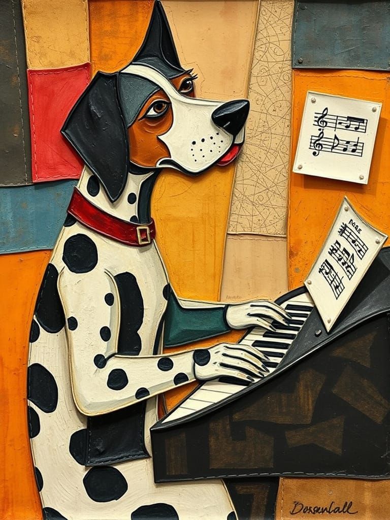 Vibrant Cubist Collage Masterpiece: Dog Plays Keyboard