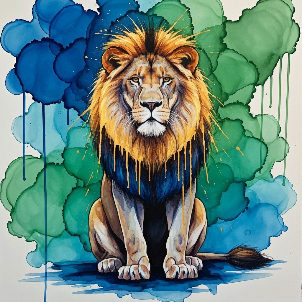 Majestic Lion in Vibrant Alcohol Ink Splash Art Style