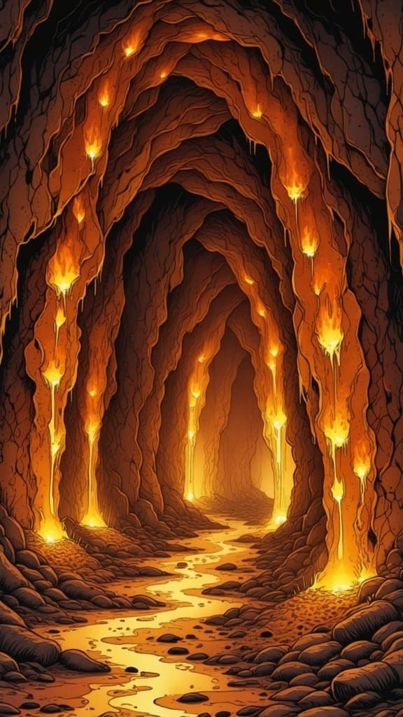 Amber Cave - A cave with walls made of amber, creating a golden glow in the dark that bathes everything in warmth.<lora:Sips of Wisdom:1.0> 