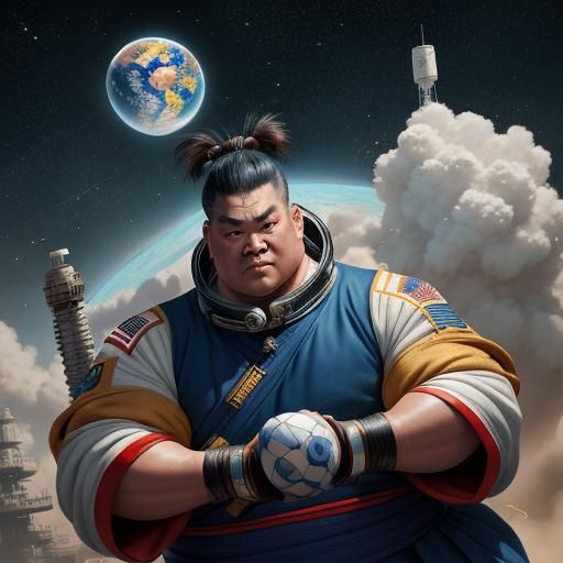 Sumo wrestler with a astronaut a complete uniform on