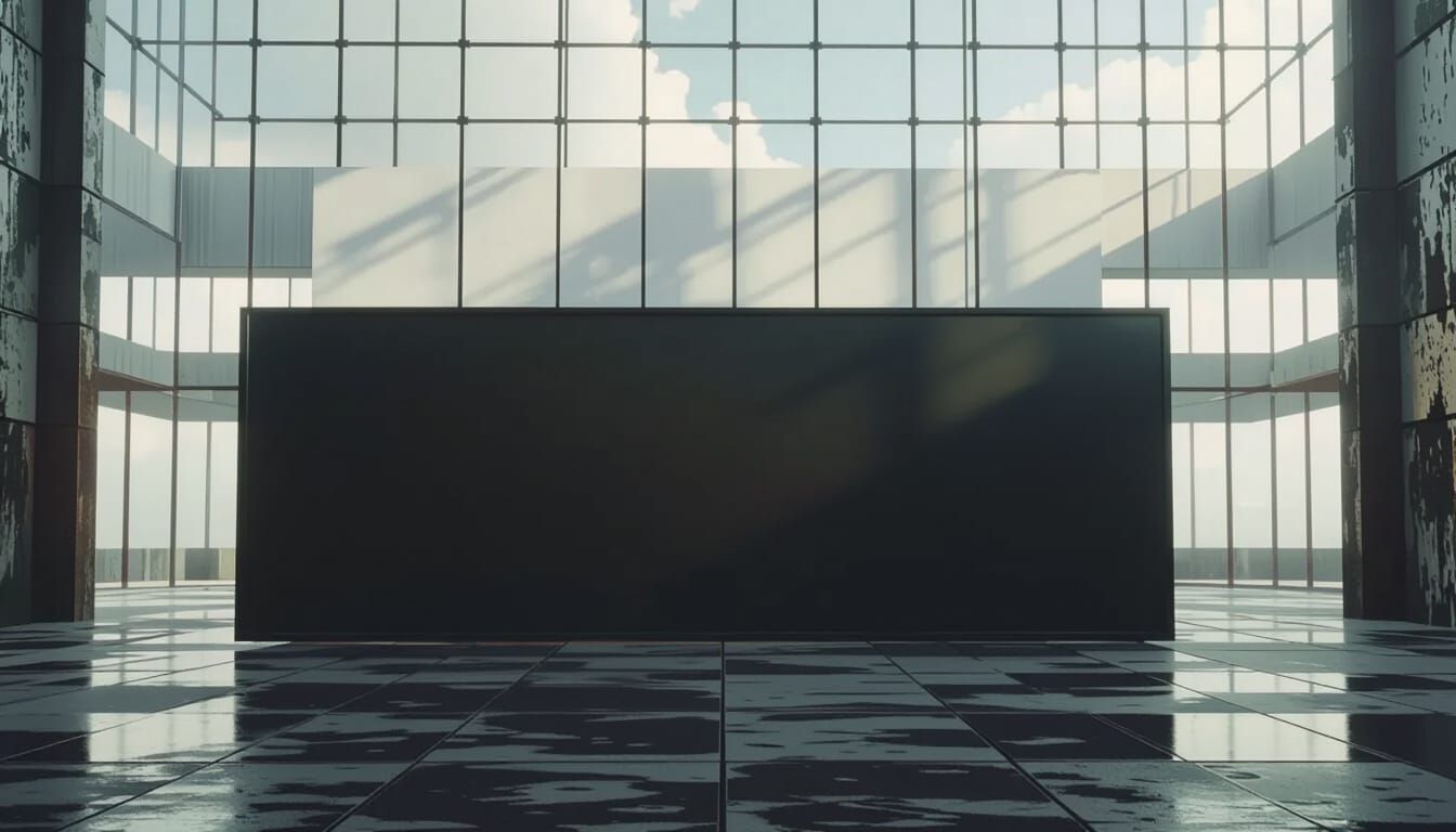  big white screen, big open space, open room, a lot of light, old concrete, big white wall in front. stone floor, concrete, old concrete, mo...