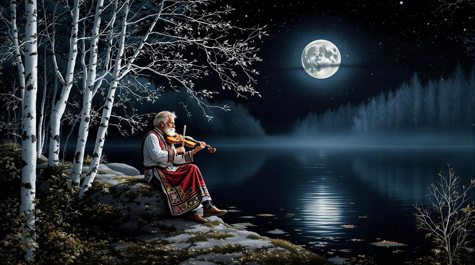 Oil painting style — An elderly man sits peacefully on a moss-covered rock beside a still, dark lake, ...  by @Best Choice